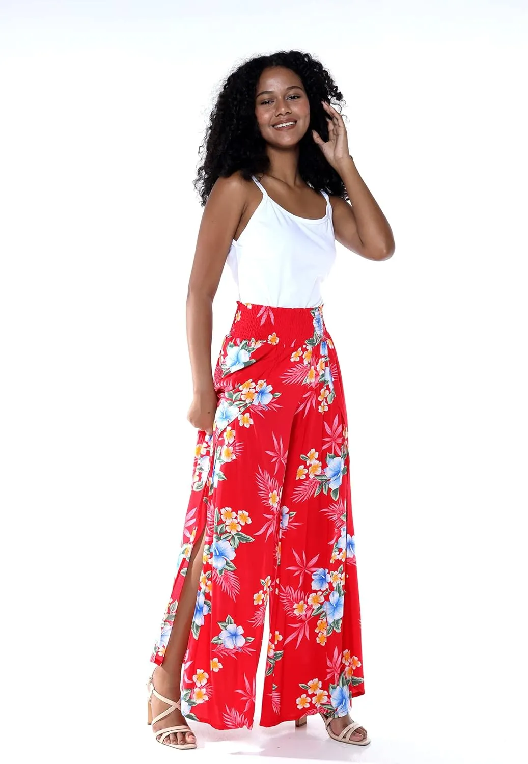 Lady High Slit Wide Leg Pants in Hibiscus
