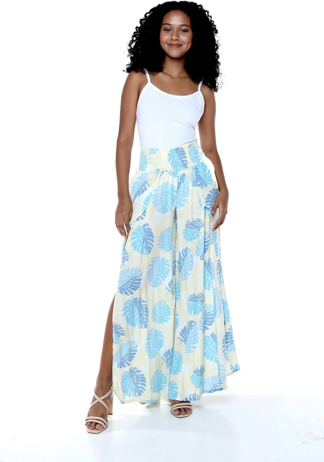 Lady High Slit Wide Leg Pants in Pacific Palm Navy