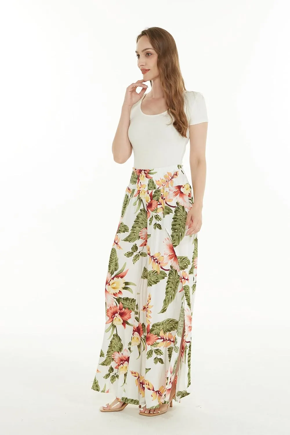 Lady High Slit Wide Leg Pants in Pacific Palm Navy