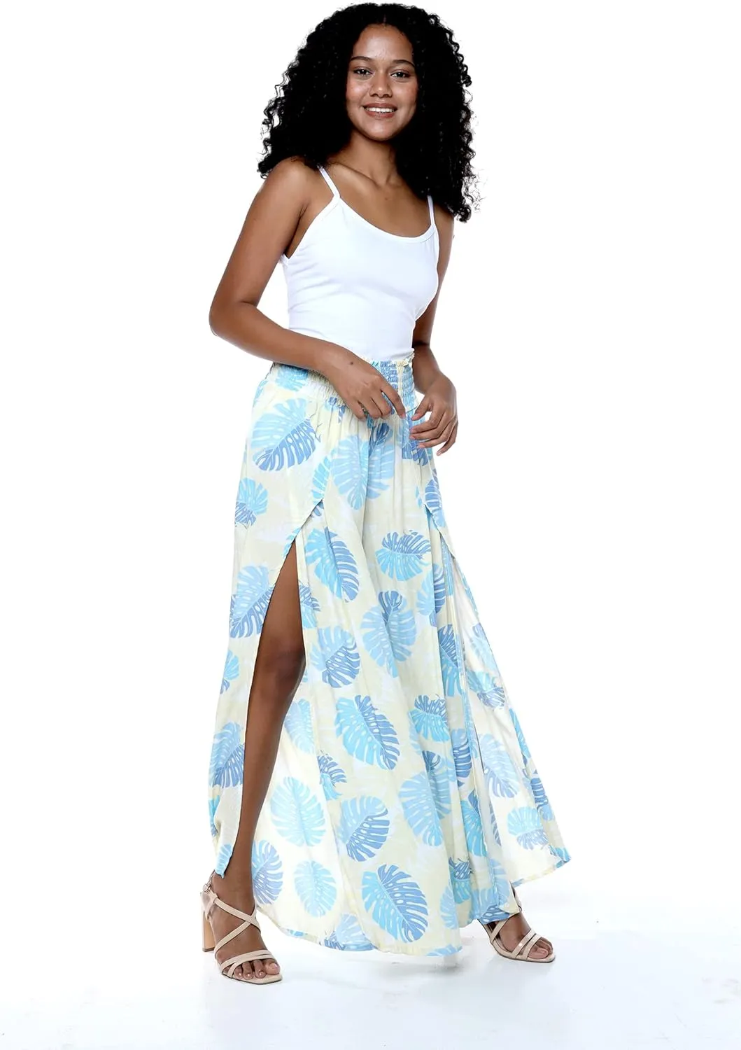 Lady High Slit Wide Leg Pants in Pacific Palm Navy