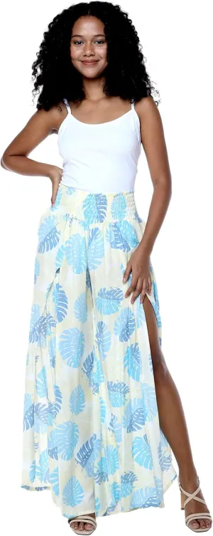 Lady High Slit Wide Leg Pants in Pacific Palm Navy