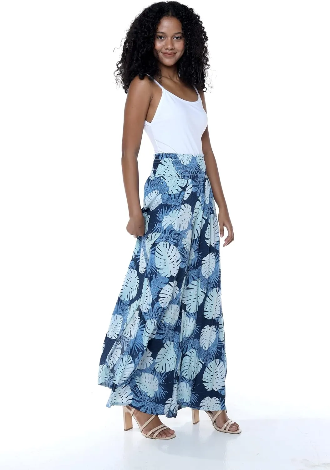 Lady High Slit Wide Leg Pants in Pacific Palm Navy