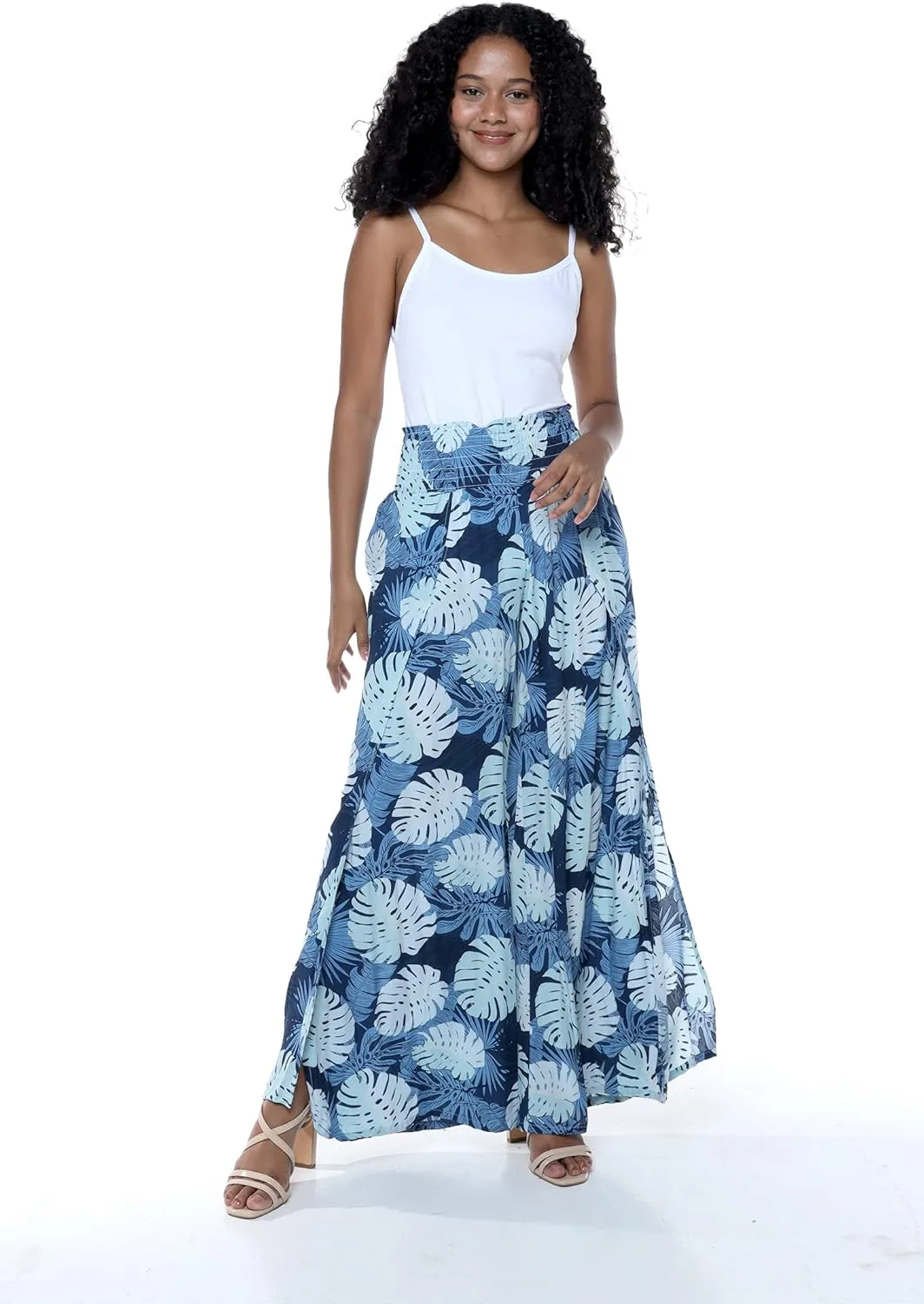 Lady High Slit Wide Leg Pants in Pacific Palm Navy