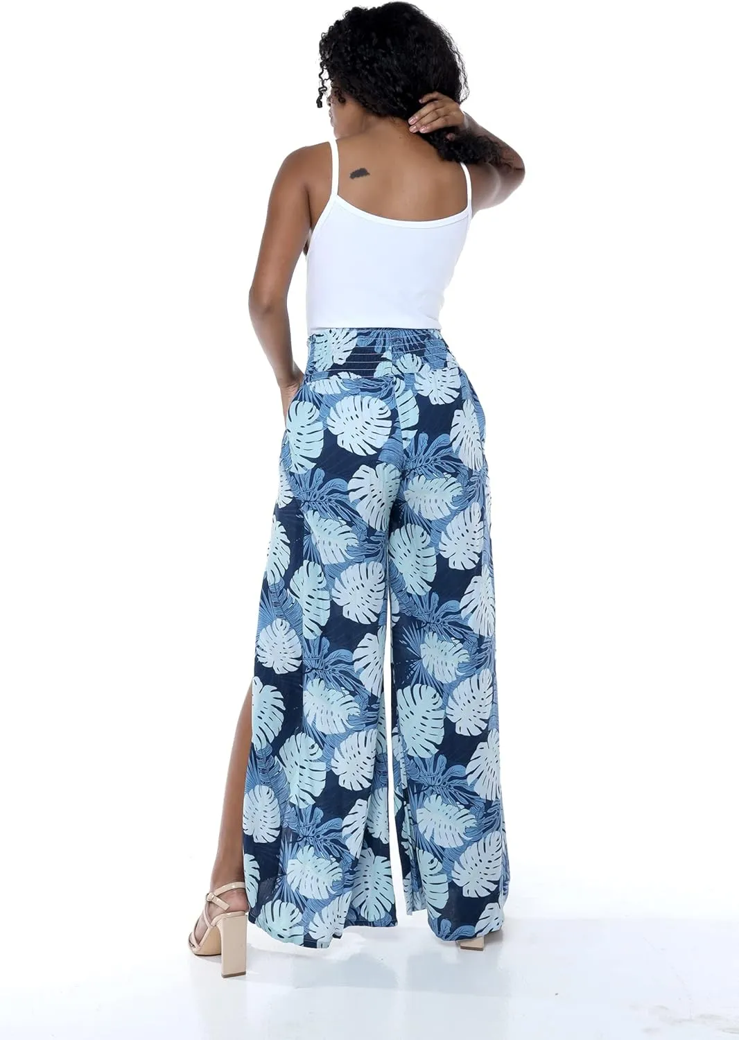 Lady High Slit Wide Leg Pants in Pacific Palm Navy