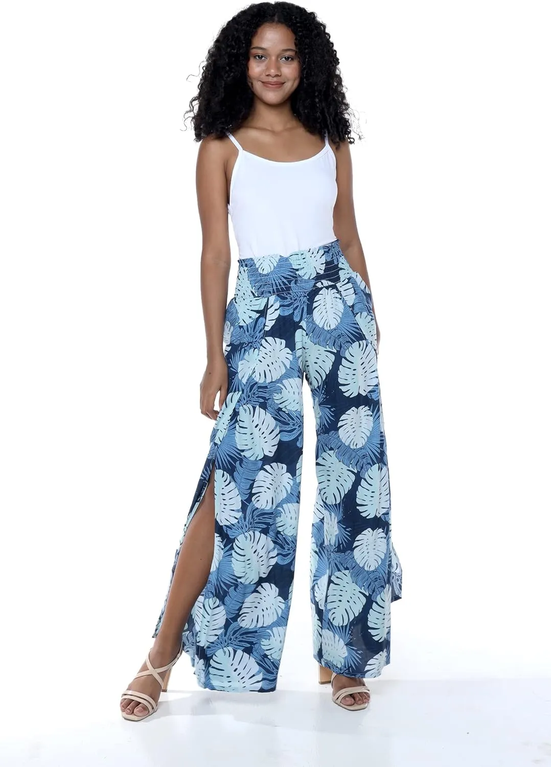 Lady High Slit Wide Leg Pants in Pacific Palm Navy
