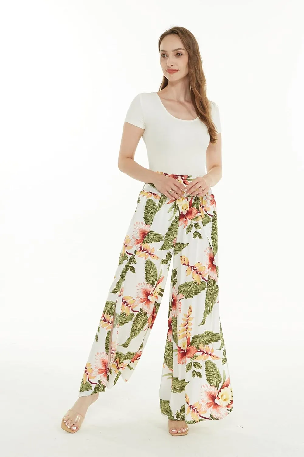 Lady High Slit Wide Leg Pants in Pacific Palm Navy
