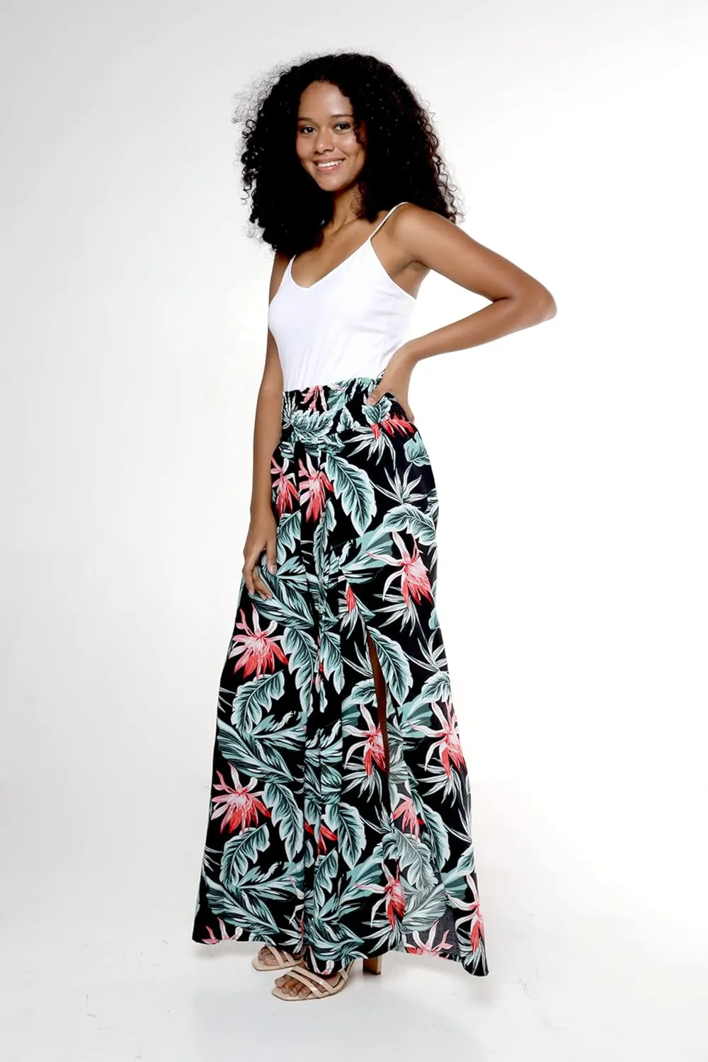 Lady High Slit Wide Leg Pants in Wispy Cereus Black