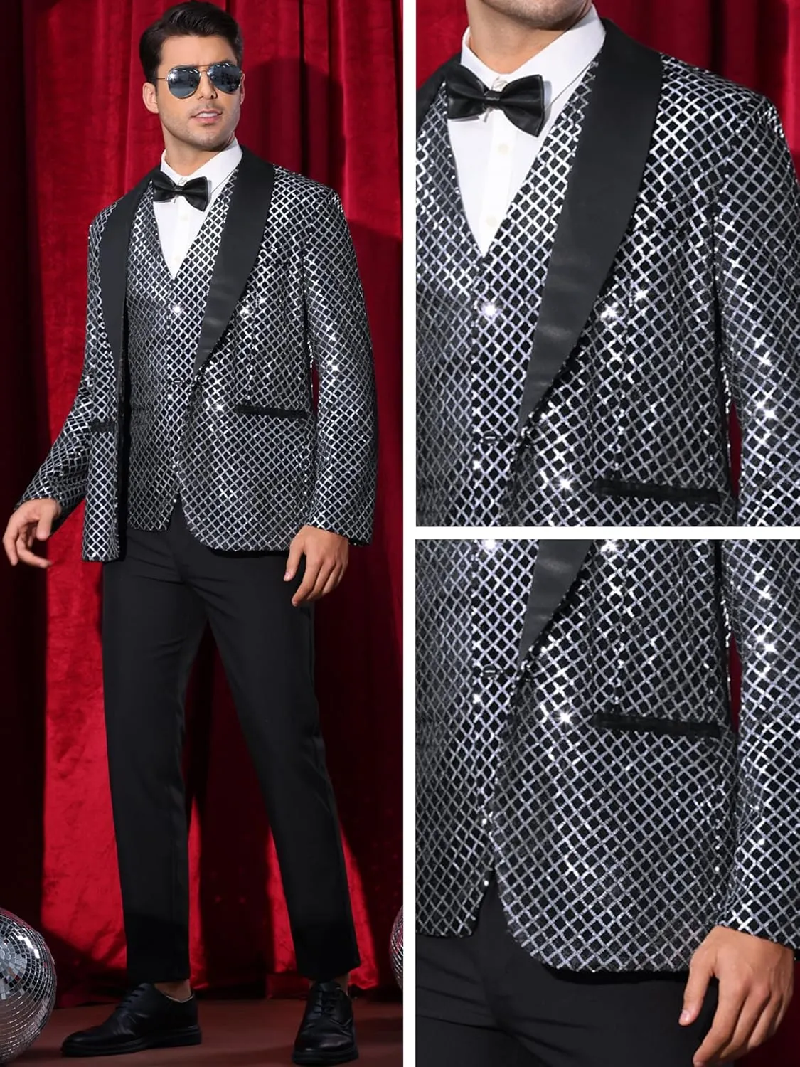 Lars Amadeus Sequin Blazer for Men's Shiny Metallic Tuxedo Shawl Lapel Disco Party Argyle Plaid Suit Jackets Sports Coat