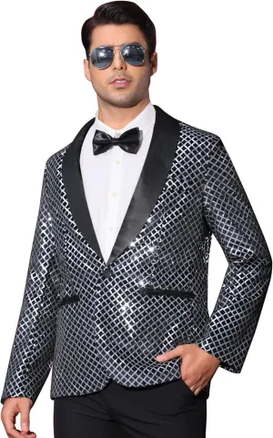 Lars Amadeus Sequin Blazer for Men's Shiny Metallic Tuxedo Shawl Lapel Disco Party Argyle Plaid Suit Jackets Sports Coat