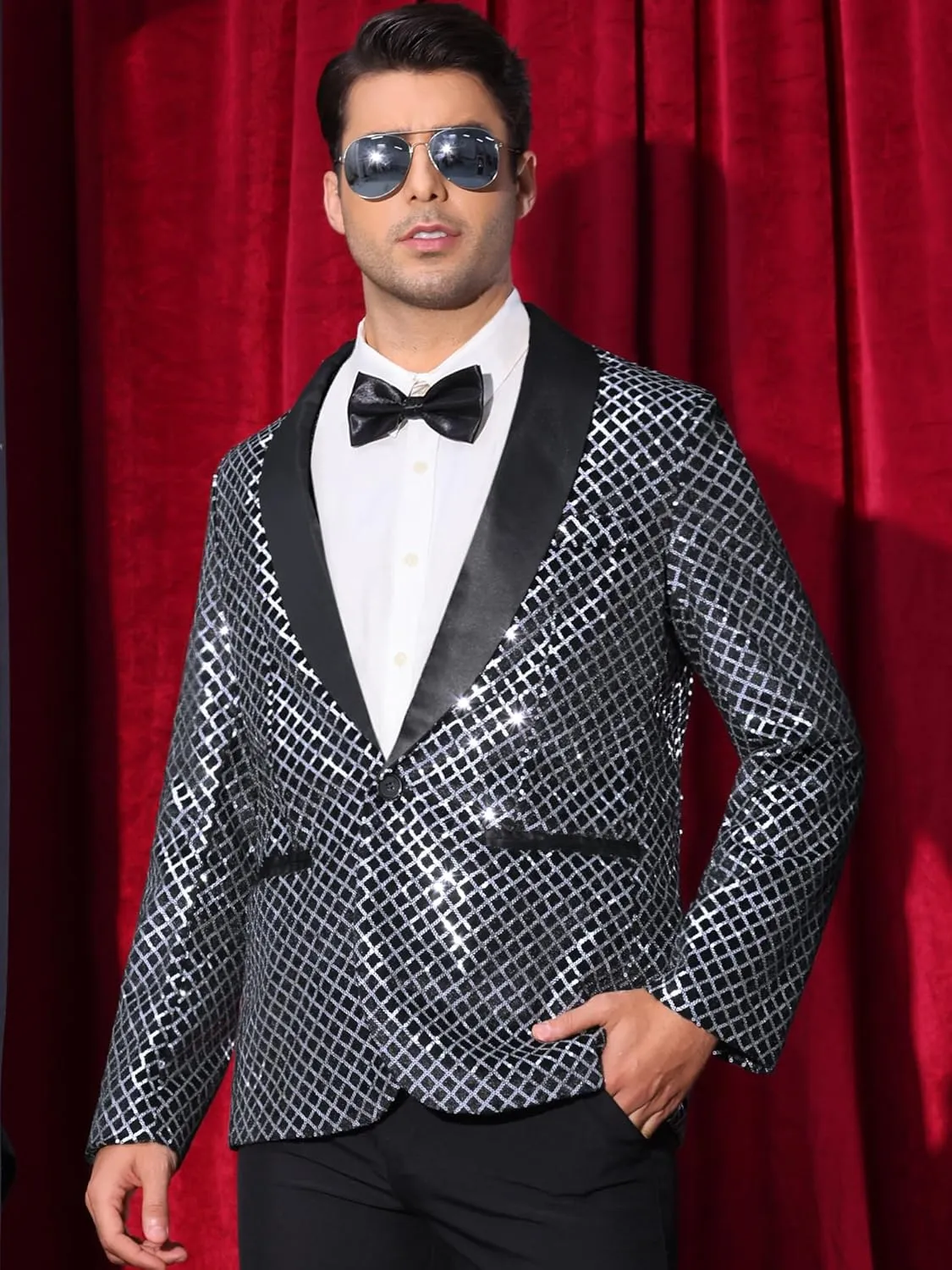 Lars Amadeus Sequin Blazer for Men's Shiny Metallic Tuxedo Shawl Lapel Disco Party Argyle Plaid Suit Jackets Sports Coat