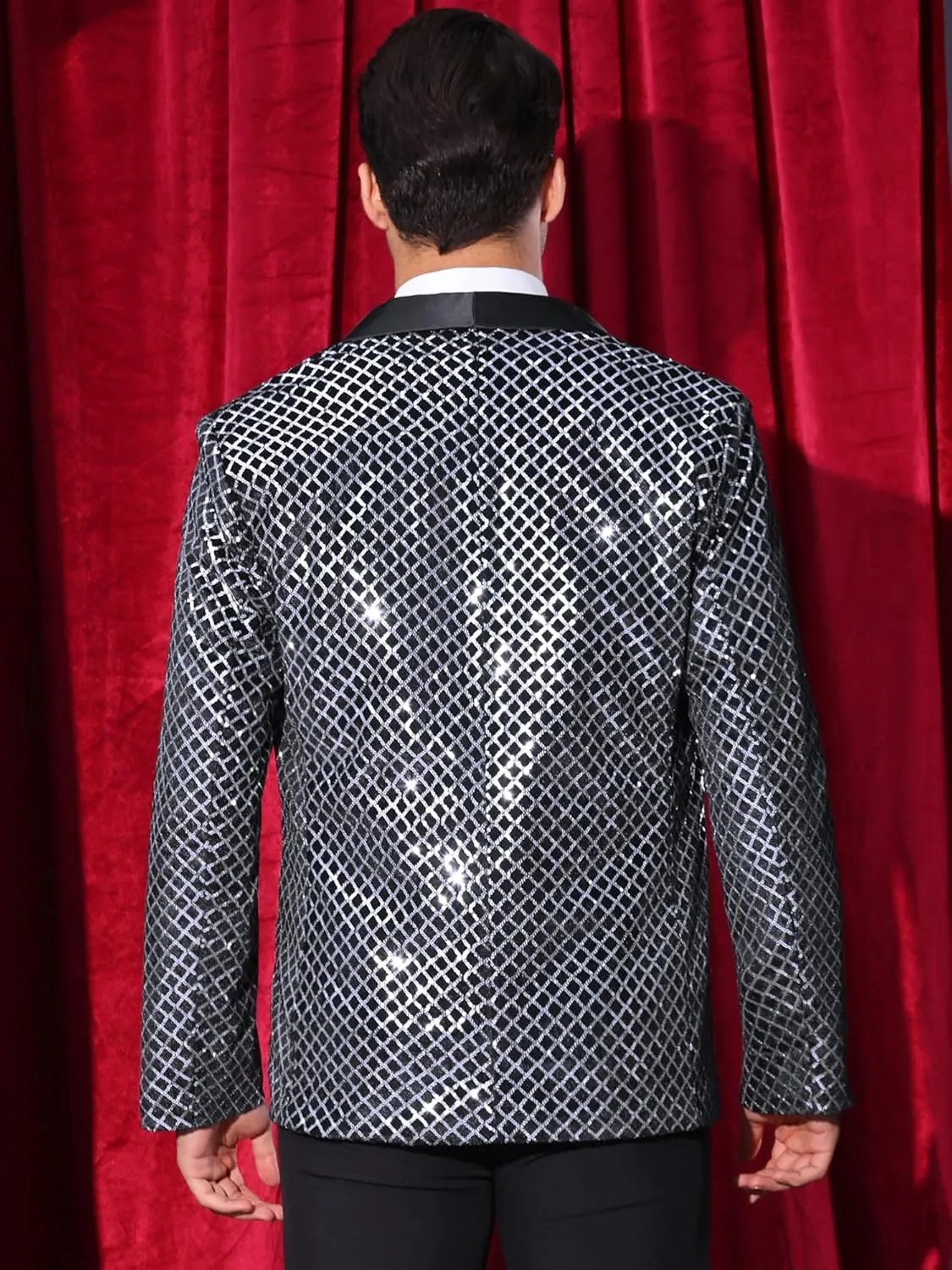 Lars Amadeus Sequin Blazer for Men's Shiny Metallic Tuxedo Shawl Lapel Disco Party Argyle Plaid Suit Jackets Sports Coat