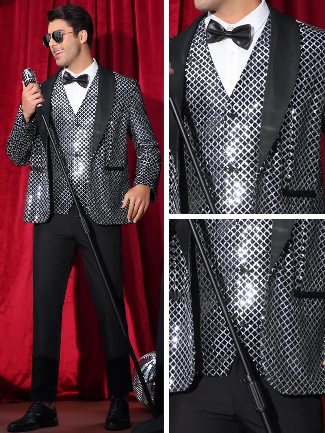 Lars Amadeus Sequin Blazer for Men's Shiny Metallic Tuxedo Shawl Lapel Disco Party Argyle Plaid Suit Jackets Sports Coat