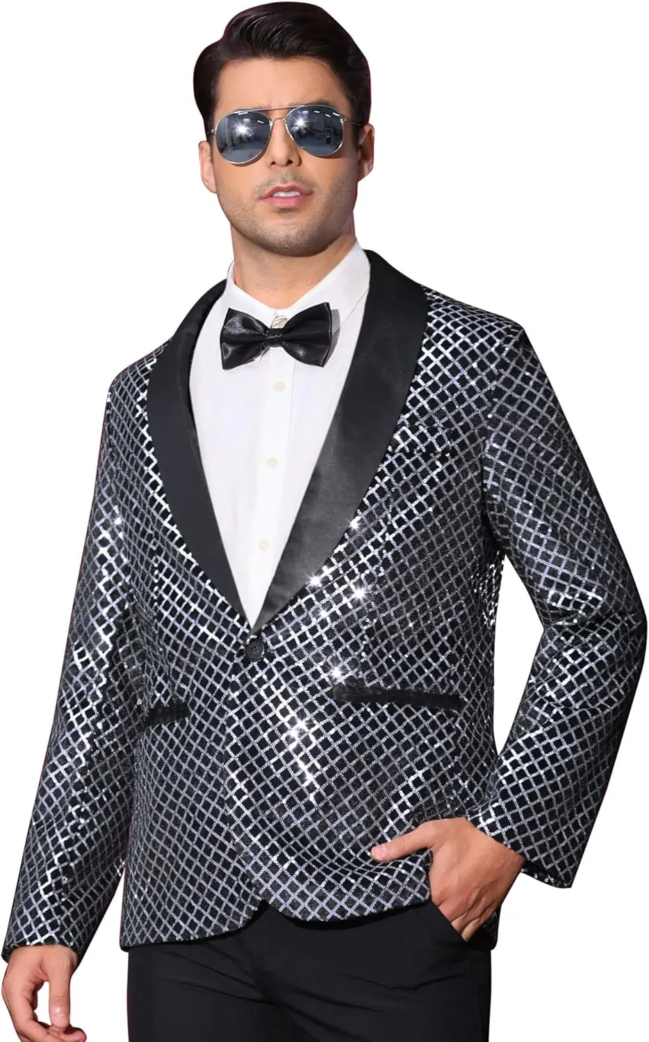 Lars Amadeus Sequin Blazer for Men's Shiny Metallic Tuxedo Shawl Lapel Disco Party Argyle Plaid Suit Jackets Sports Coat