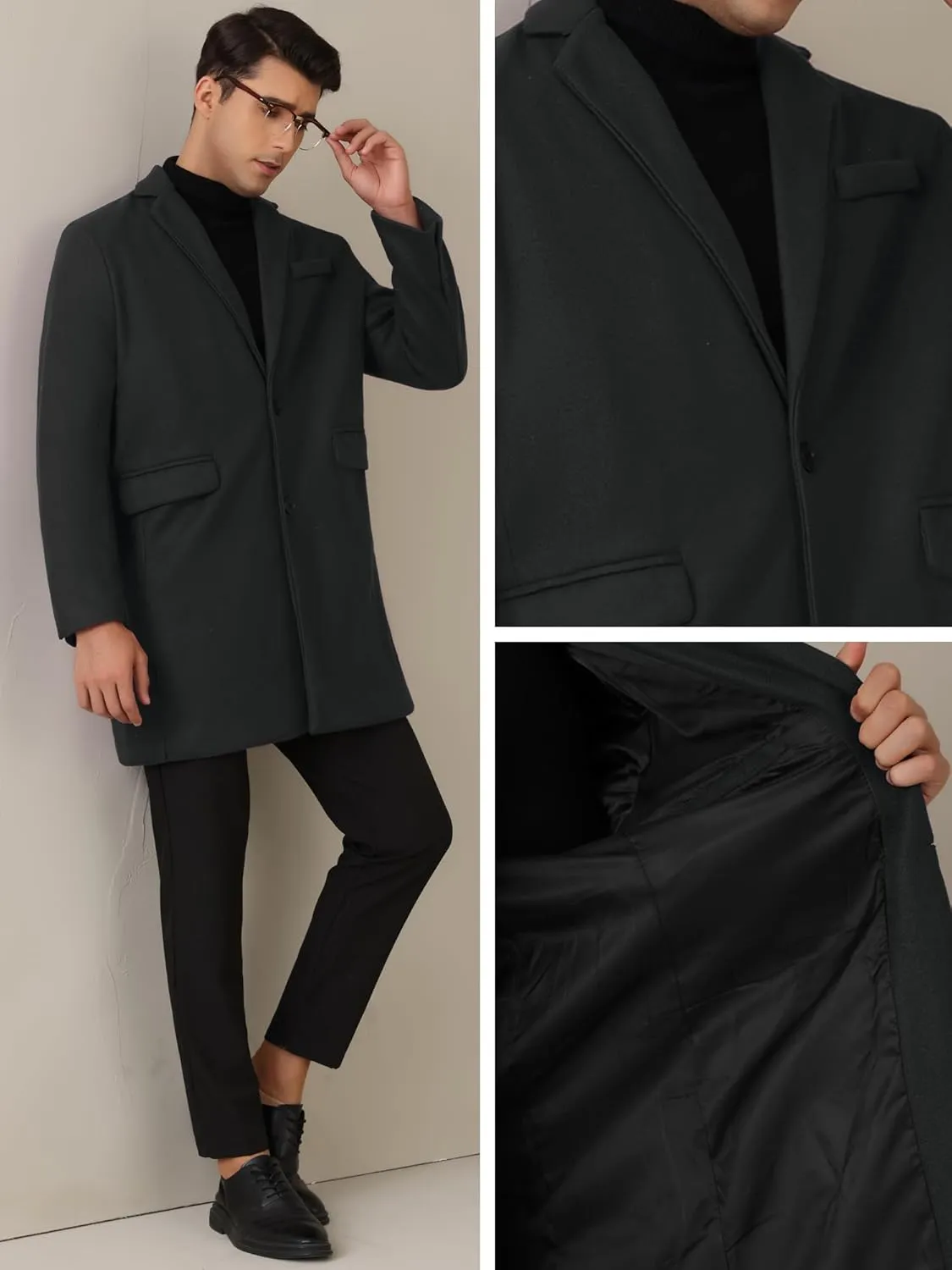 Lars Amadeus Winter Coat for Men's Notched Collar Single Breasted Long Trench Coats