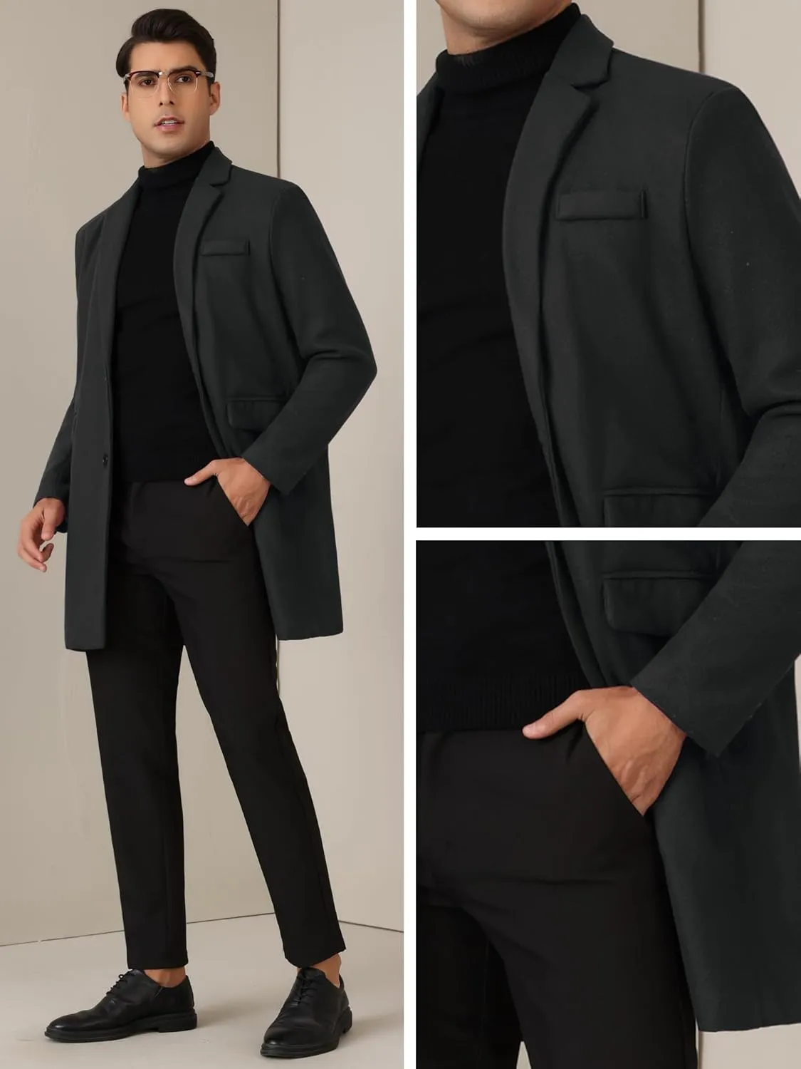 Lars Amadeus Winter Coat for Men's Notched Collar Single Breasted Long Trench Coats