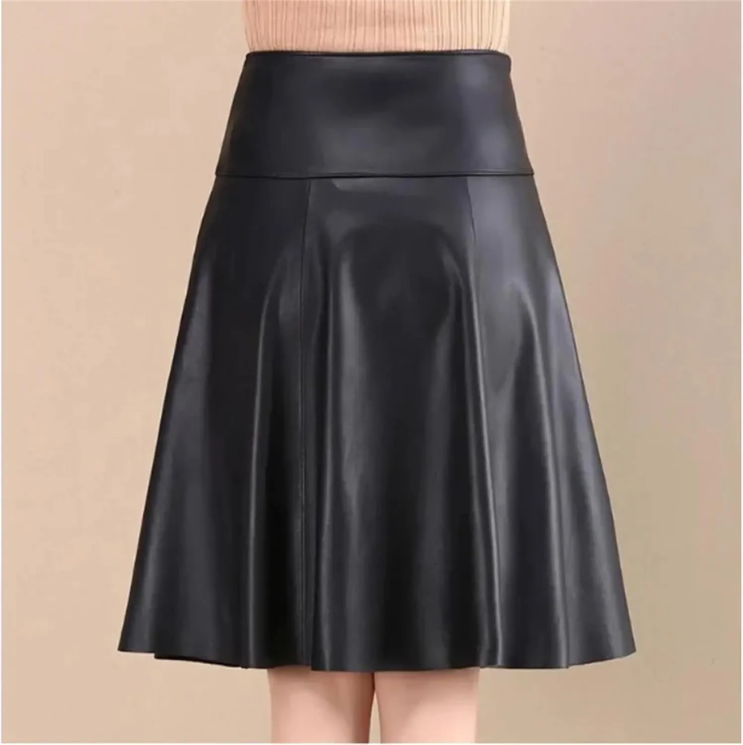 Leather Skirt Women Midi Skirt A-Line Large Size Over The Knee Mid-Length High-Waist Pleated Skirt Winter Lady