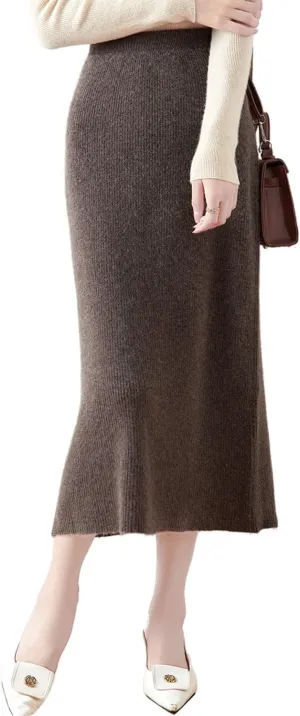 Length Skirt Women Autumn Winter 100% Merino Wool Knit Long Skirt Ribbed Elastic Warm Sweater Skirt