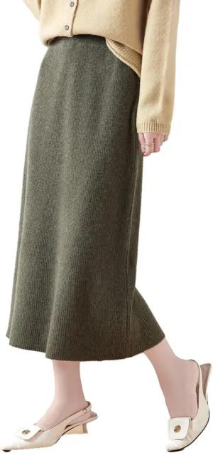 Length Skirt Women Autumn Winter 100% Merino Wool Knit Long Skirt Ribbed Elastic Warm Sweater Skirt