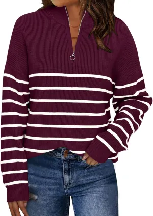 LILLUSORY Women's Quarter Zip Striped Oversized Sweater Mock Turtleneck Pullover Fall Fashion Outfit Winter Trendy Clothes