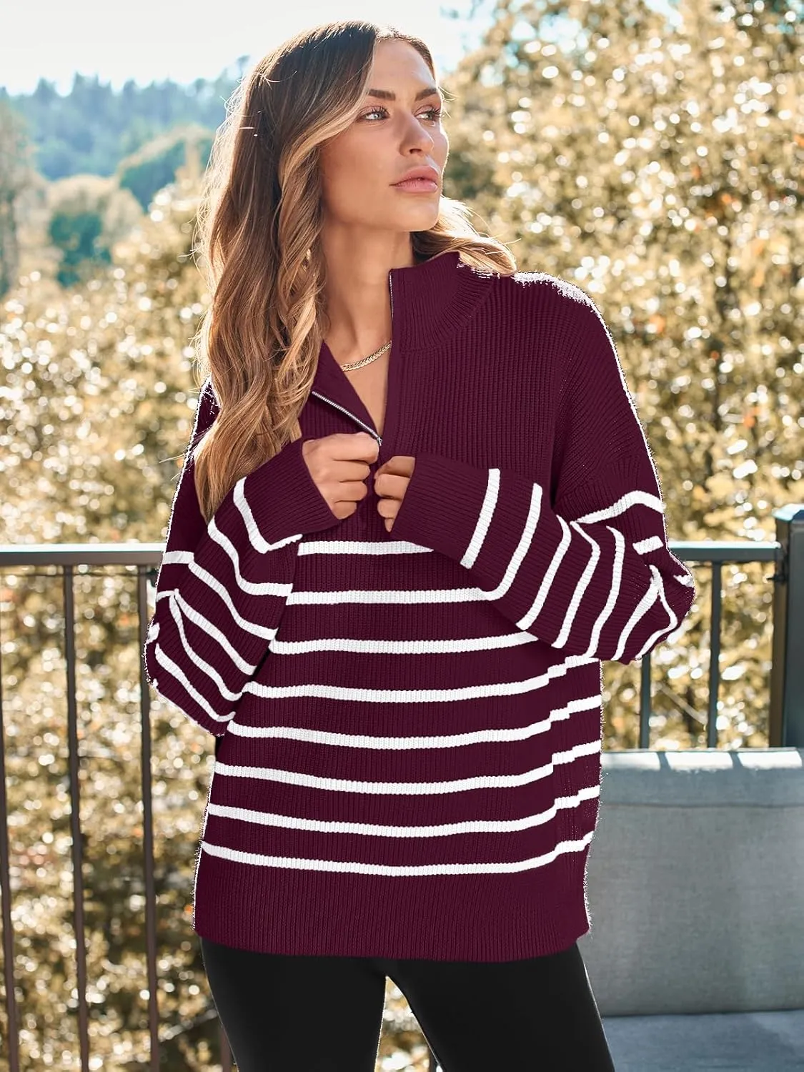 LILLUSORY Women's Quarter Zip Striped Oversized Sweater Mock Turtleneck Pullover Fall Fashion Outfit Winter Trendy Clothes