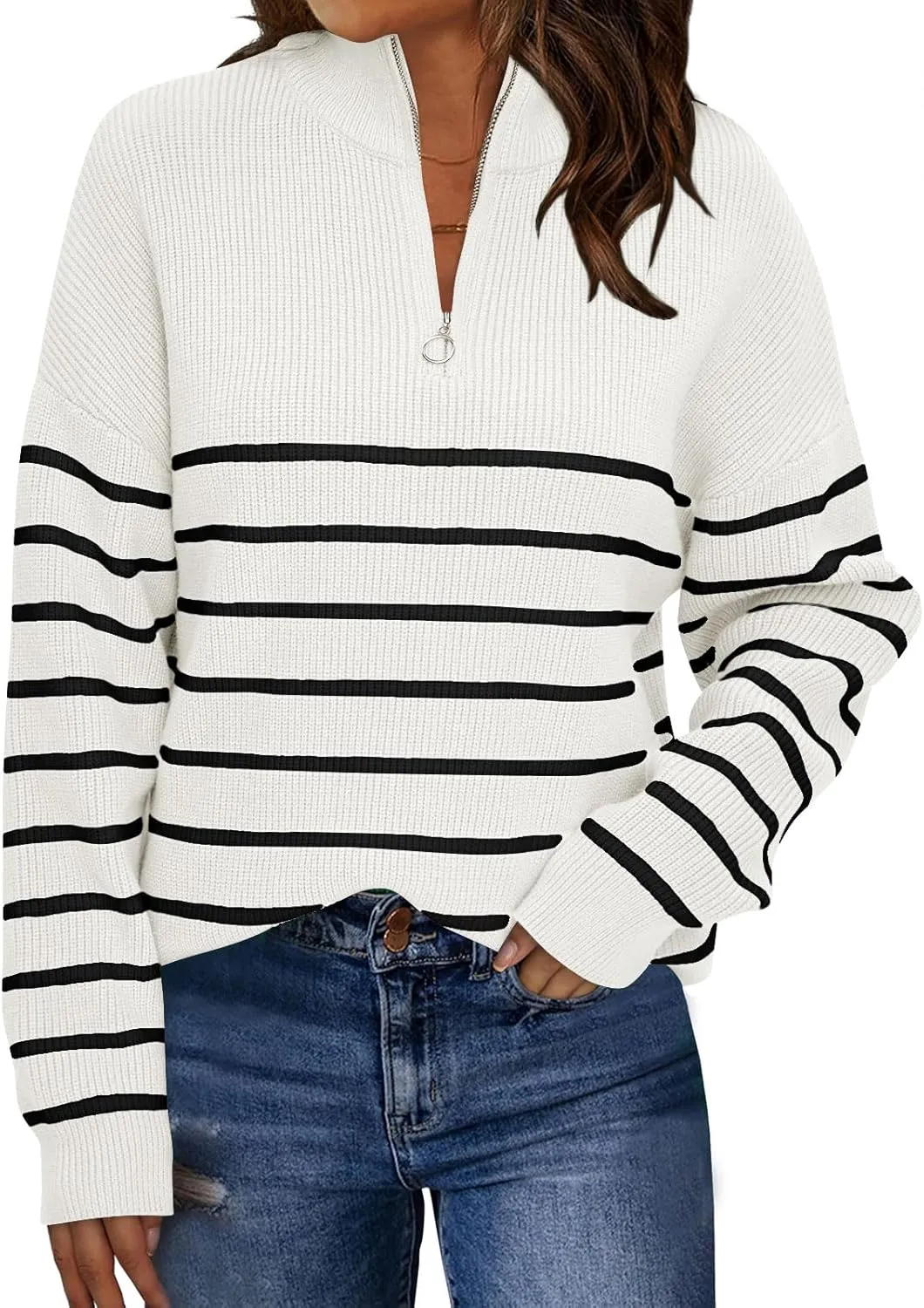 LILLUSORY Women's Quarter Zip Striped Oversized Sweater Mock Turtleneck Pullover Fall Fashion Outfit Winter Trendy Clothes