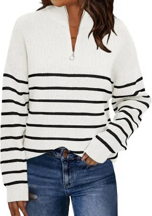 LILLUSORY Women's Quarter Zip Striped Oversized Sweater Mock Turtleneck Pullover Fall Fashion Outfit Winter Trendy Clothes