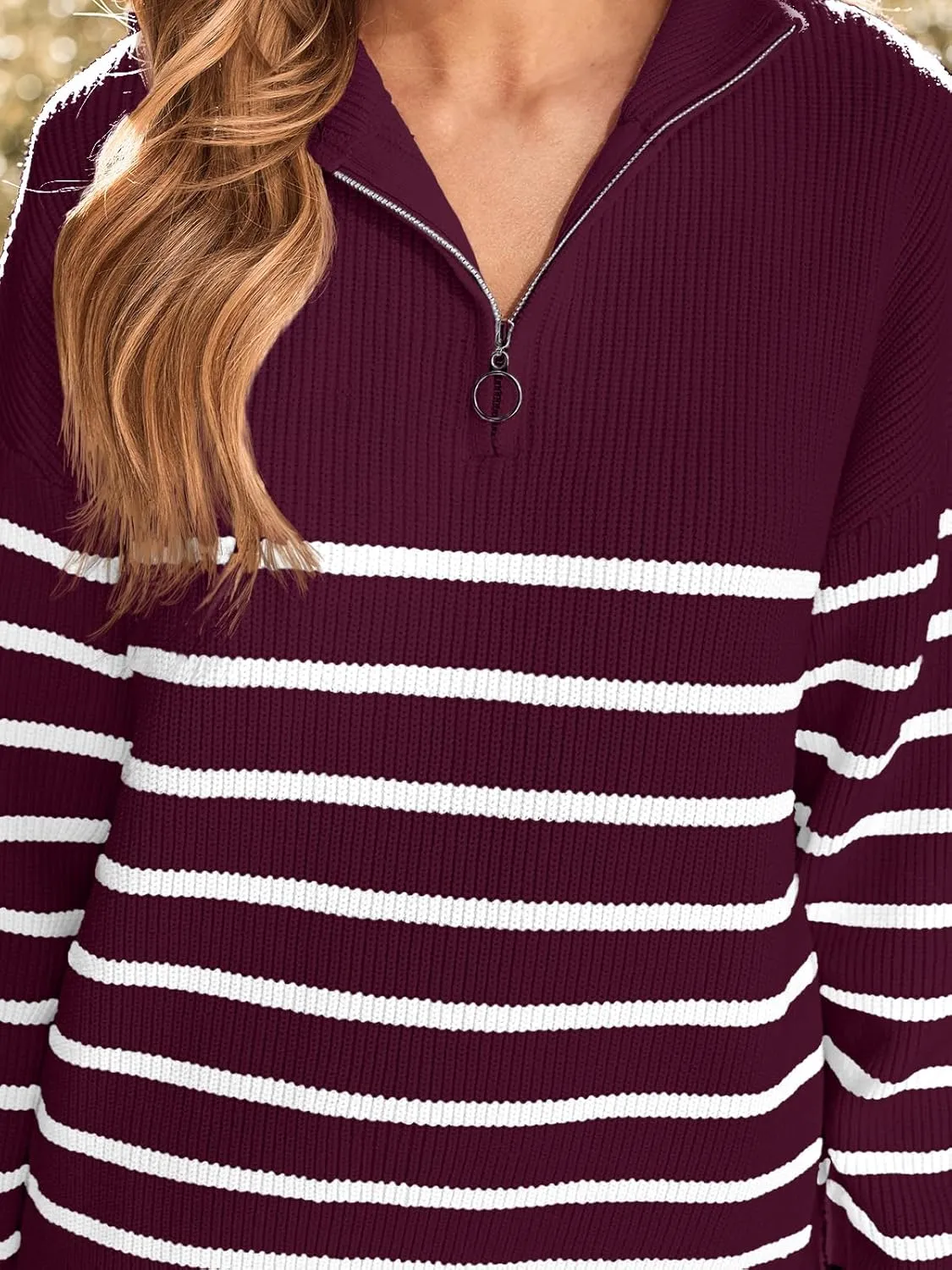 LILLUSORY Women's Quarter Zip Striped Oversized Sweater Mock Turtleneck Pullover Fall Fashion Outfit Winter Trendy Clothes