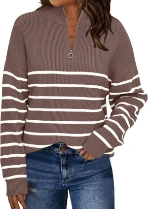 LILLUSORY Women's Quarter Zip Striped Oversized Sweater Mock Turtleneck Pullover Fall Fashion Outfit Winter Trendy Clothes