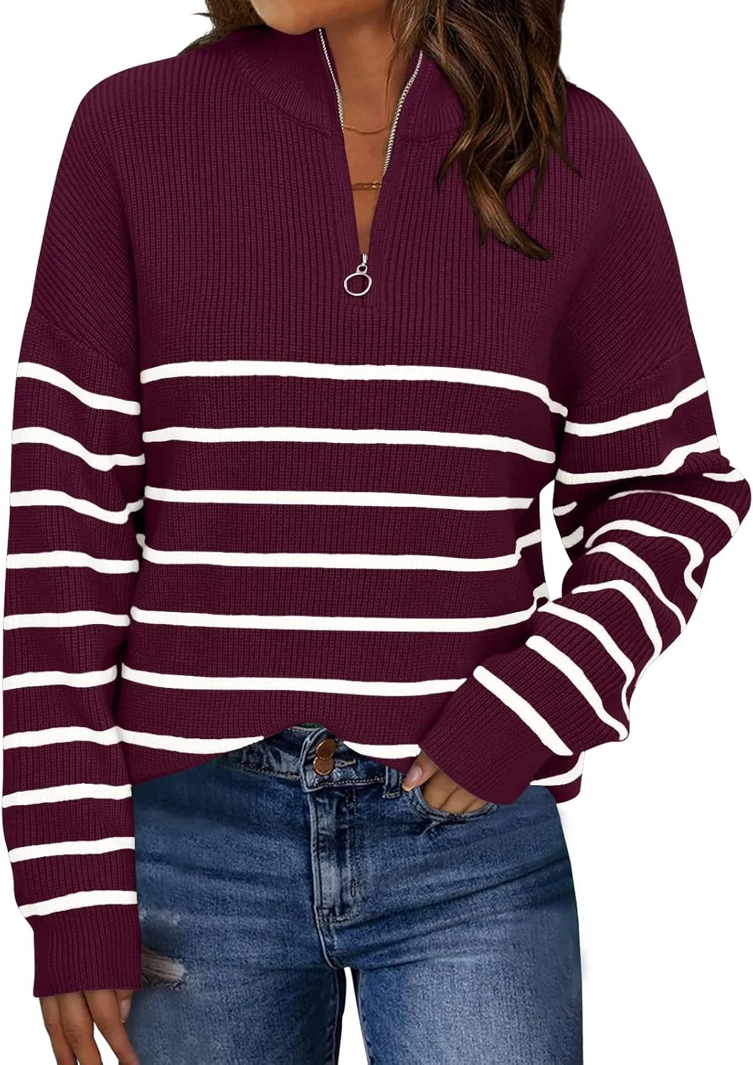 LILLUSORY Women's Quarter Zip Striped Oversized Sweater Mock Turtleneck Pullover Fall Fashion Outfit Winter Trendy Clothes
