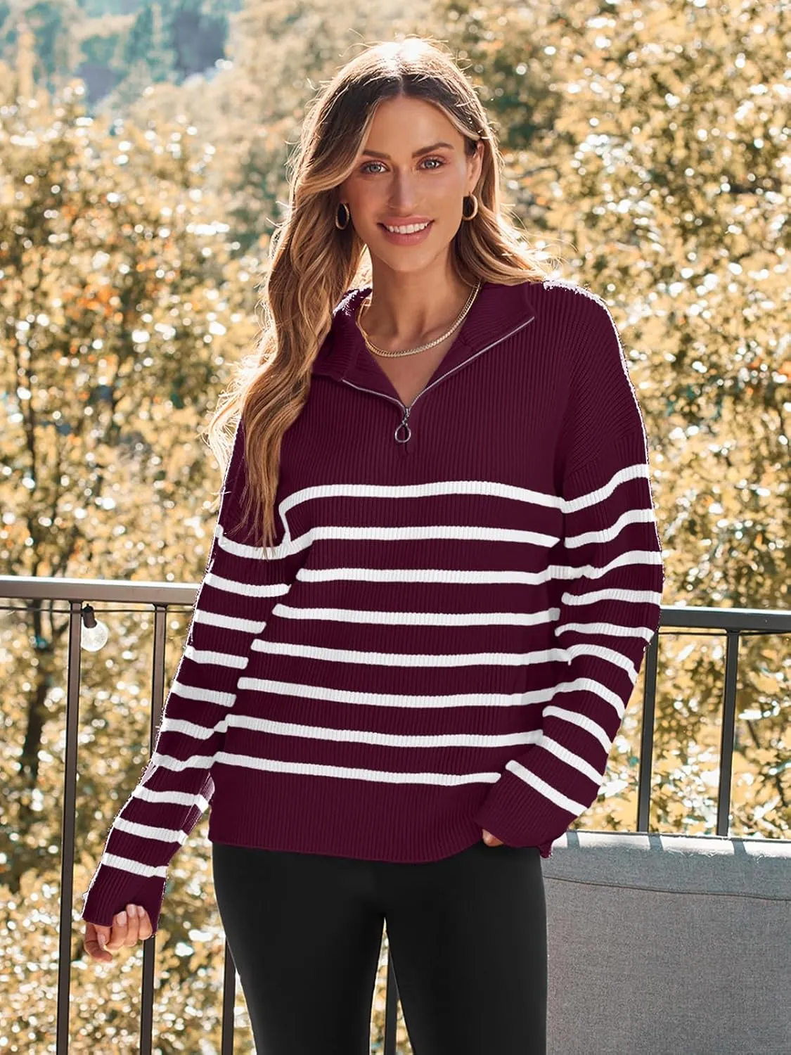 LILLUSORY Women's Quarter Zip Striped Oversized Sweater Mock Turtleneck Pullover Fall Fashion Outfit Winter Trendy Clothes