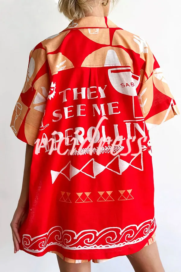 Linen Blend Unique Printed Shirt Top and Elastic Waisted Loose Pocket Shorts Set