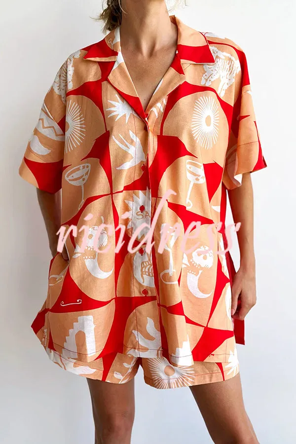 Linen Blend Unique Printed Shirt Top and Elastic Waisted Loose Pocket Shorts Set
