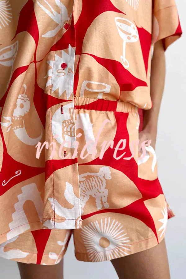 Linen Blend Unique Printed Shirt Top and Elastic Waisted Loose Pocket Shorts Set