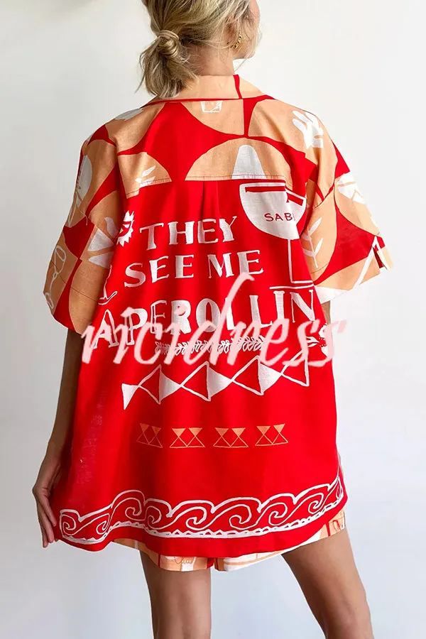 Linen Blend Unique Printed Shirt Top and Elastic Waisted Loose Pocket Shorts Set