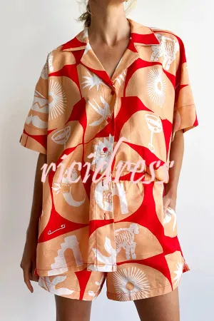 Linen Blend Unique Printed Shirt Top and Elastic Waisted Loose Pocket Shorts Set