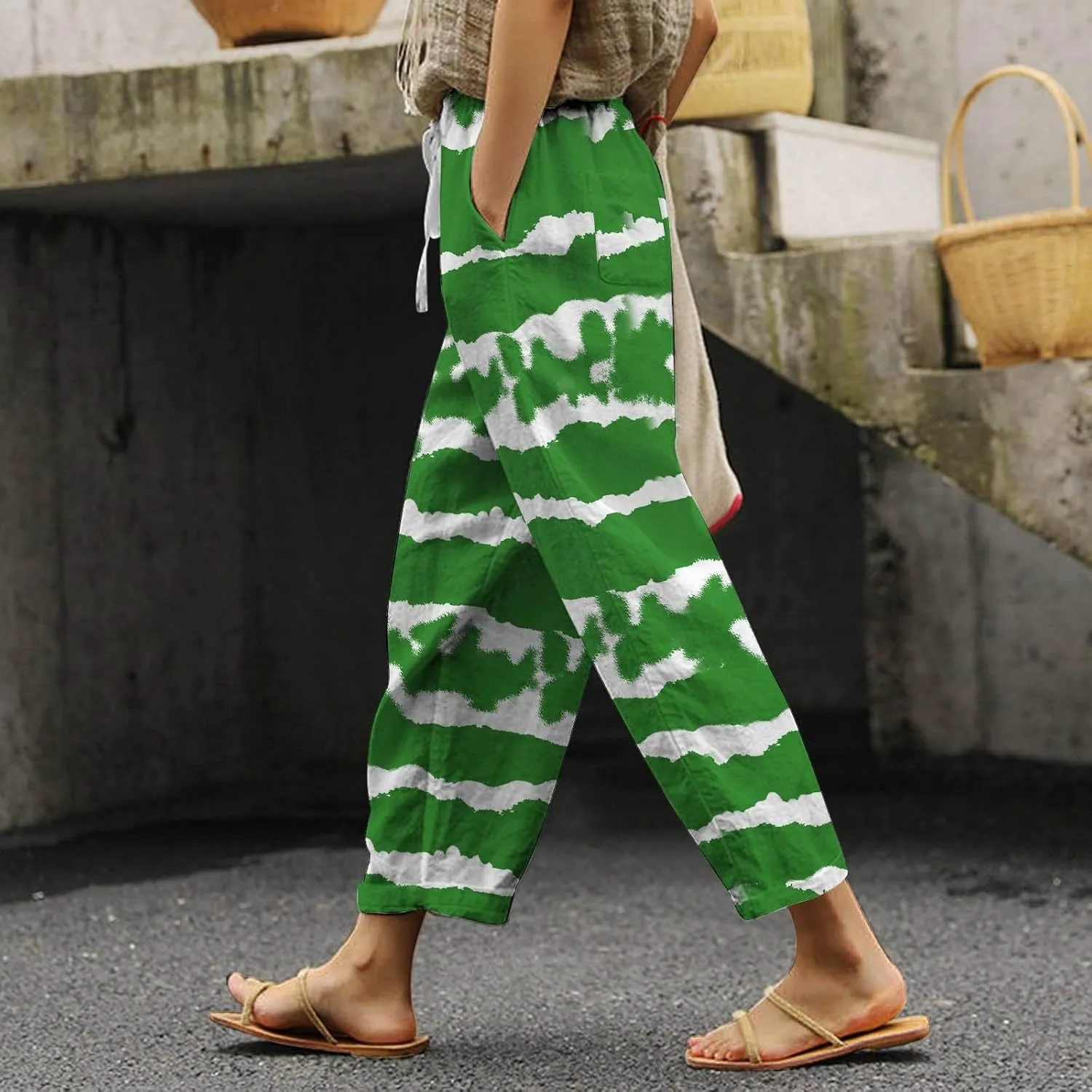 Linen Pants for Women Boho Tapered Pants Loose Fit Drawstring Elastic Waist Pant with Pockets Summer Casual Trousers