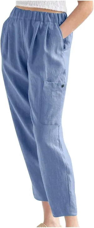 Linen Pants Women Elastic Waist Capris Lightweight Pant Striped Cropped Button Pant Lace Side Trousers Resort Wear