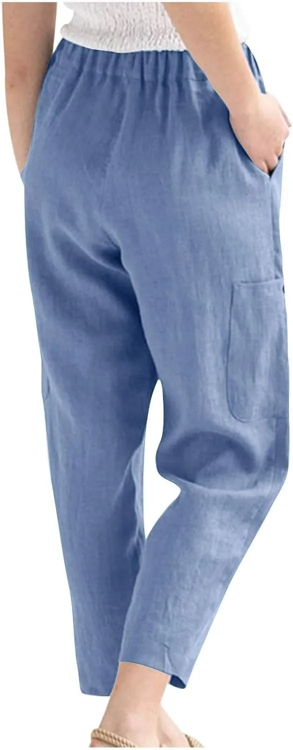 Linen Pants Women Elastic Waist Capris Lightweight Pant Striped Cropped Button Pant Lace Side Trousers Resort Wear