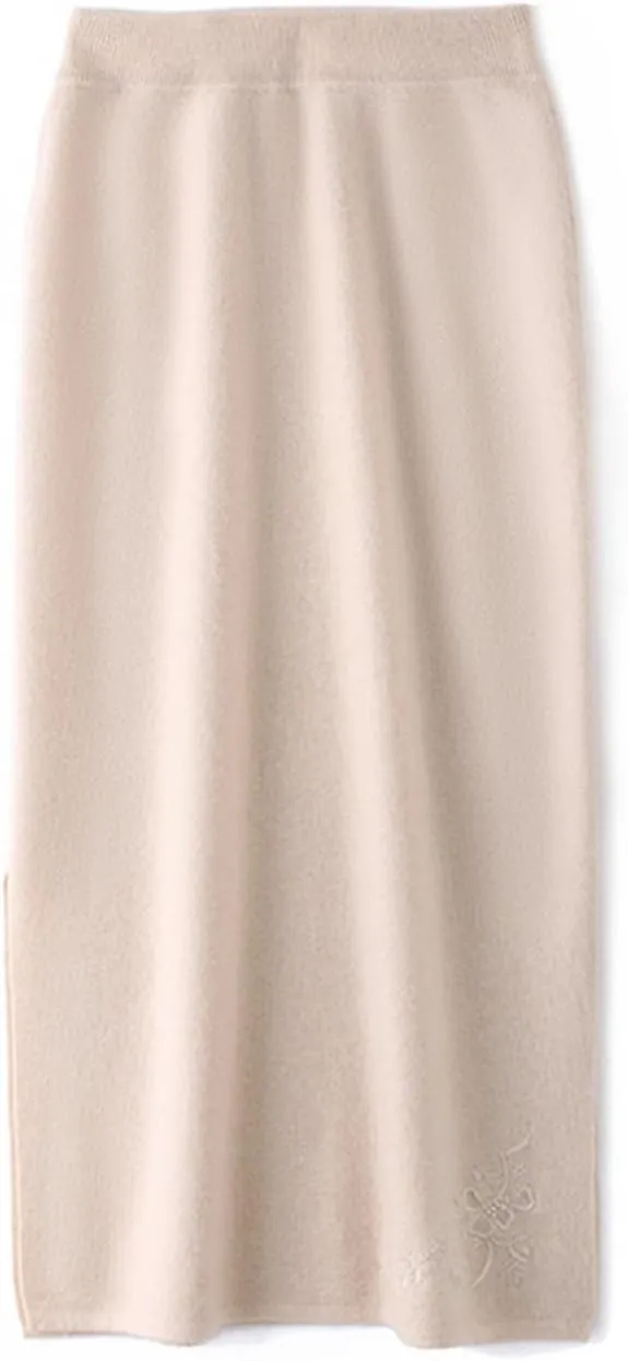 Long Skirt Women's 100% Merino Wool Knit Skirt Ribbed Elastic Waist Embroidered Slit Skirts