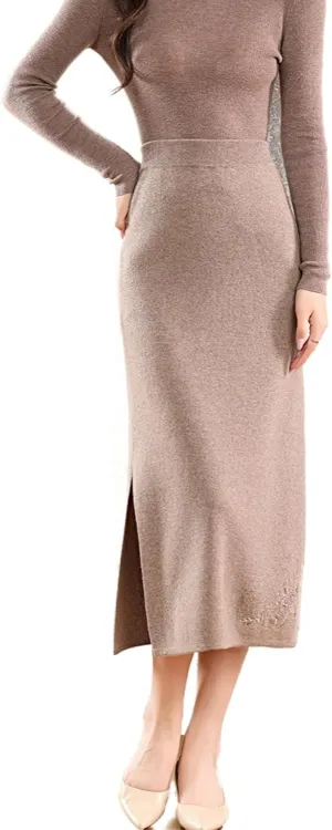Long Skirt Women's 100% Merino Wool Knit Skirt Ribbed Elastic Waist Embroidered Slit Skirts