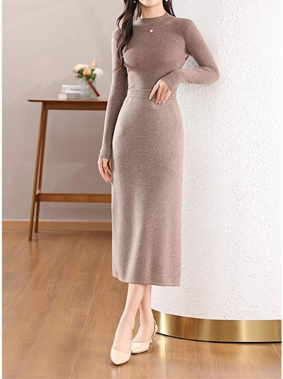 Long Skirt Women's 100% Merino Wool Knit Skirt Ribbed Elastic Waist Embroidered Slit Skirts