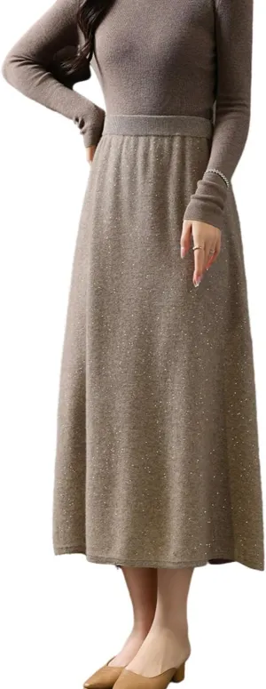 Long Skirt Women's 100% Merino Wool Knitted Skirt Winter Warm Ribbed Elastic Waist Sequin Skirts