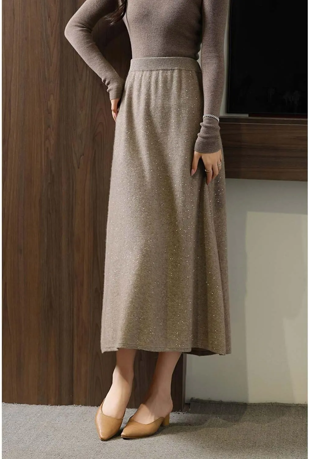 Long Skirt Women's 100% Merino Wool Knitted Skirt Winter Warm Ribbed Elastic Waist Sequin Skirts