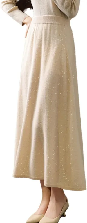 Long Skirt Women's 100% Merino Wool Knitted Skirt Winter Warm Ribbed Elastic Waist Sequin Skirts