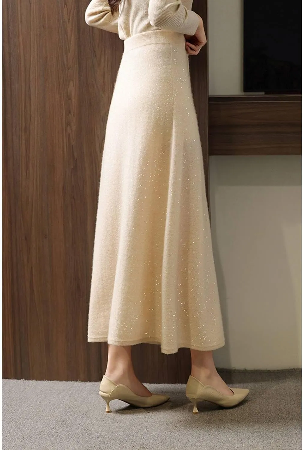 Long Skirt Women's 100% Merino Wool Knitted Skirt Winter Warm Ribbed Elastic Waist Sequin Skirts