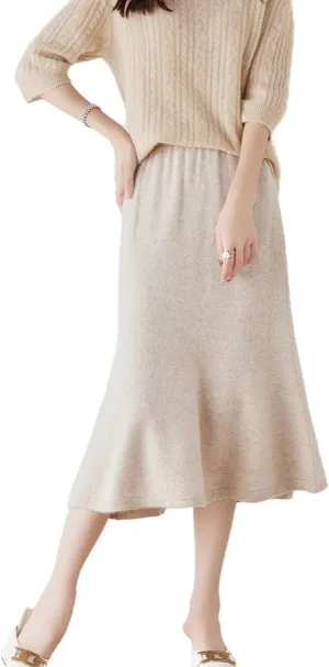 Long Skirt Women's Autumn Winter 100% Merino Wool Knit Skirt Girl's Ribbed Elastic Pleated Fishtail Skirts