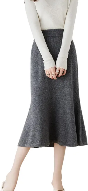 Long Skirt Women's Autumn Winter 100% Merino Wool Knit Skirt Girl's Ribbed Elastic Pleated Fishtail Skirts