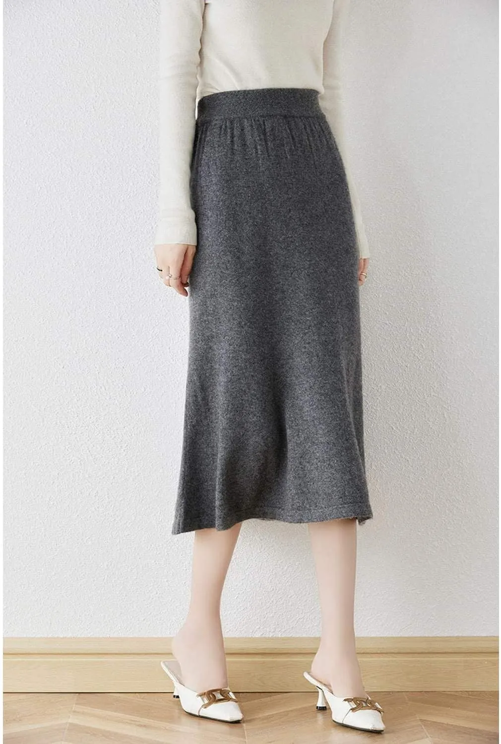 Long Skirt Women's Autumn Winter 100% Merino Wool Knit Skirt Girl's Ribbed Elastic Pleated Fishtail Skirts
