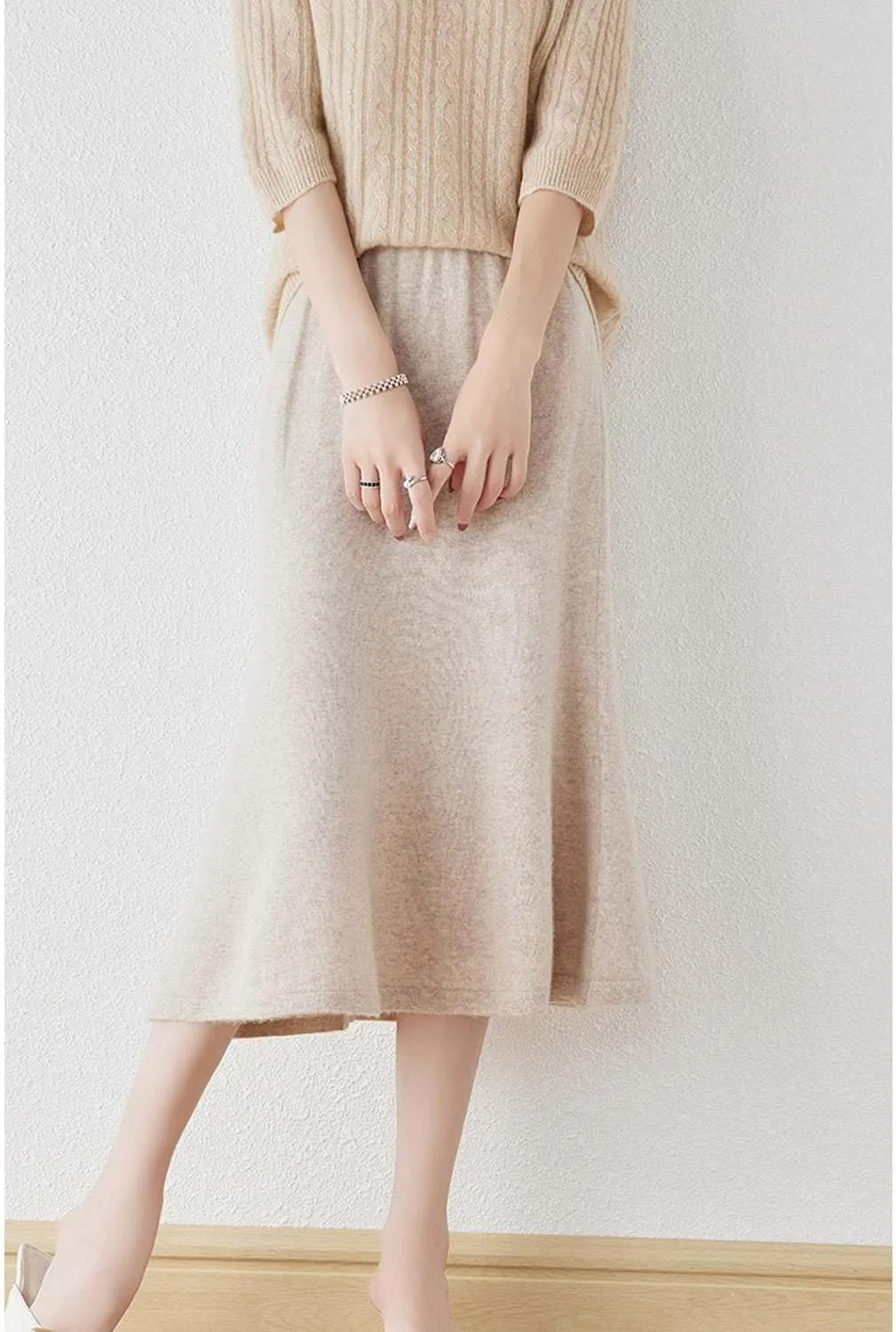 Long Skirt Women's Autumn Winter 100% Merino Wool Knit Skirt Girl's Ribbed Elastic Pleated Fishtail Skirts