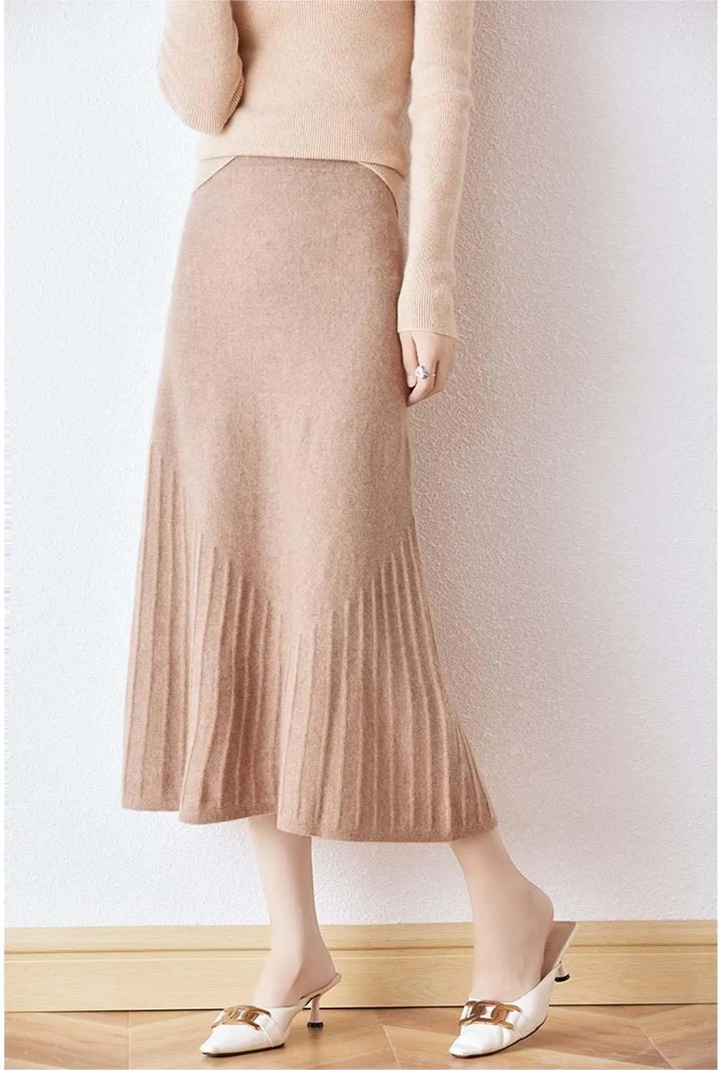 Long Skirt Women's Fall Winter 100% Merino Wool Knitted Skirt Ribbed Elastic Waist Fishtail Skirts